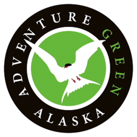 Logo with white bird on green circle, text: Adventure Green Alaska.